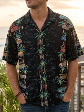 Hilo Hattie The Hawaiian Original Woodie Car Palm Tree Aloha Shirt XL 100%Cotton